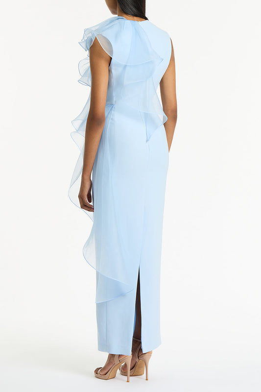 Carla Zampatti Pale Crepe Ruffle Shoulder Gown (Blue)