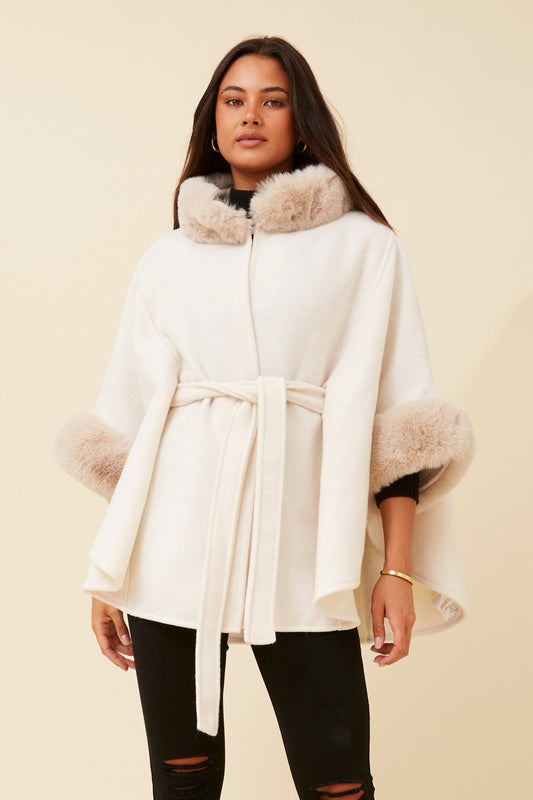 RYLAN FAUX FUR TRIM PONCHO (Black)