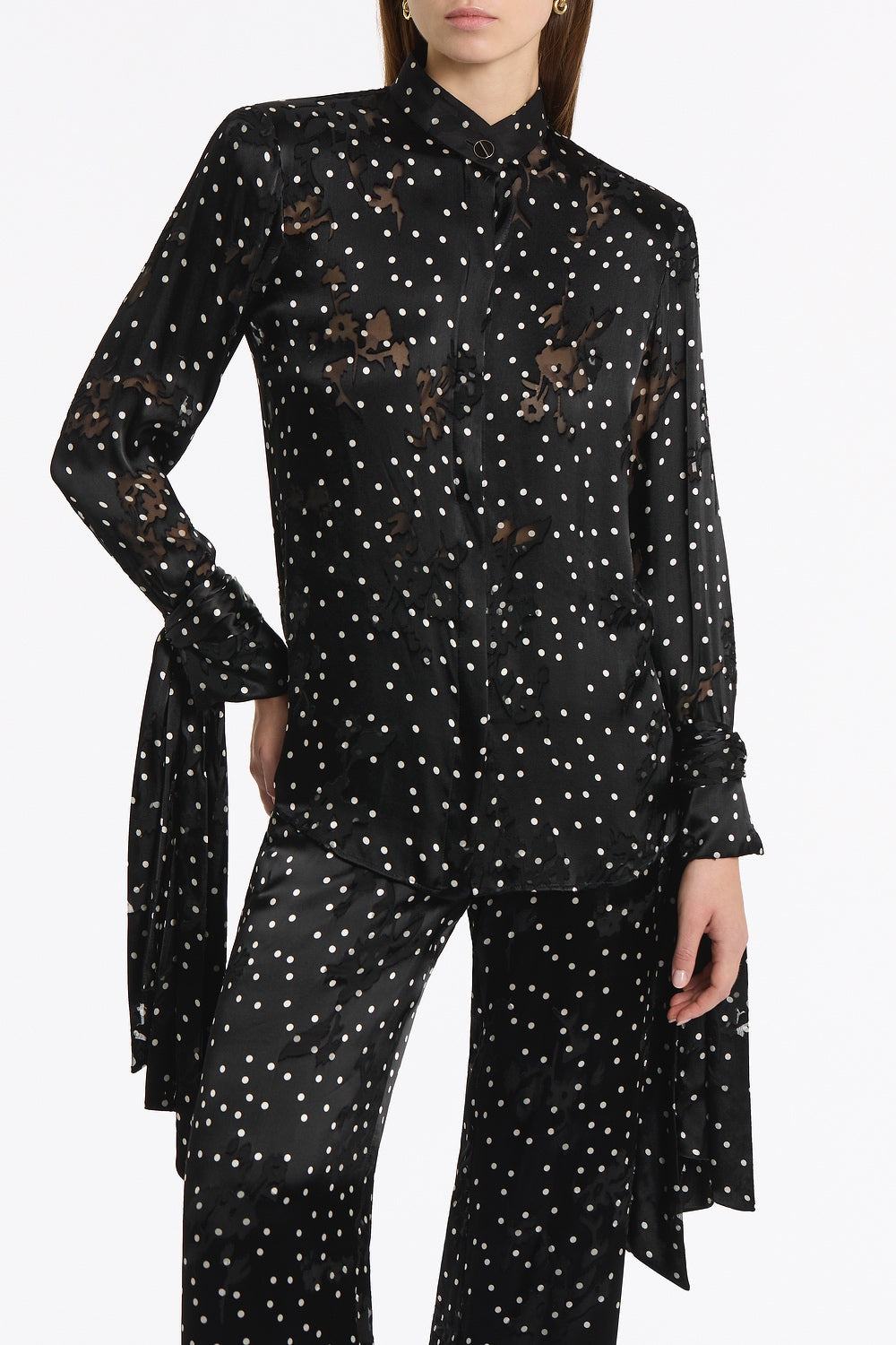 Carla Zampatti Pinspot Silk Burnout Front Neck Drape Blouse (Black)