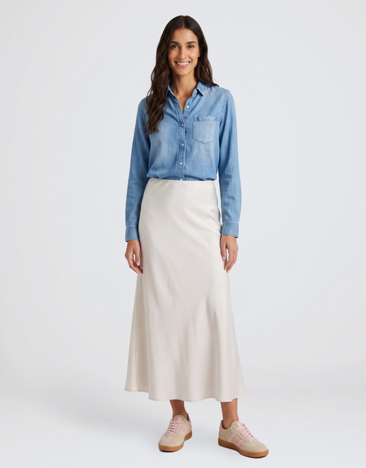 Stories Be Told Prodigy Satin Bias Maxi Skirt (Pearl)