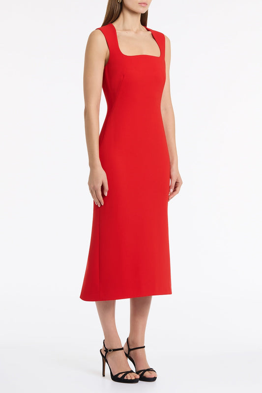 Carla Zampatti Crepe Curve Neck Detail Midi Dress (Red)