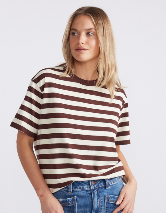 Image of T-Shirts. Product name - Relaxed Tee Chocolate/Ecru in Chocolate/Ecru colour by brand - White & Co.