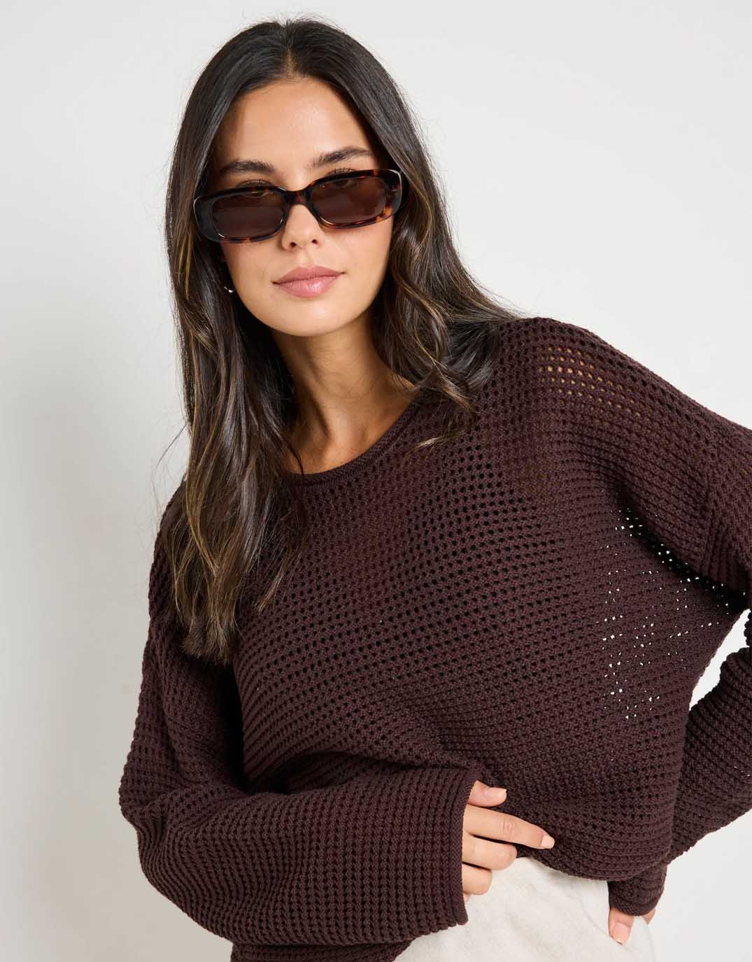 Re:Union The Label Dawn Crochet Knit Jumper (Chocolate)