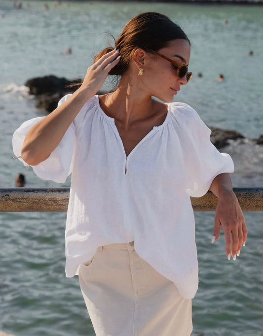 Revolutionary Linen Relaxed Long Sleeve Top - (White)