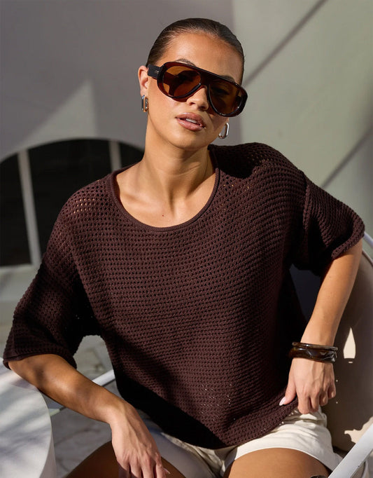Re:Union The Label Sunrise Crochet Knit Top (Chocolate)