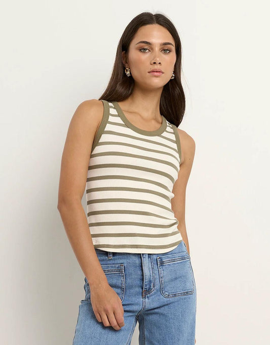 Cobble Rib Cutaway Tank - (Khaki/Ivory Stripe)