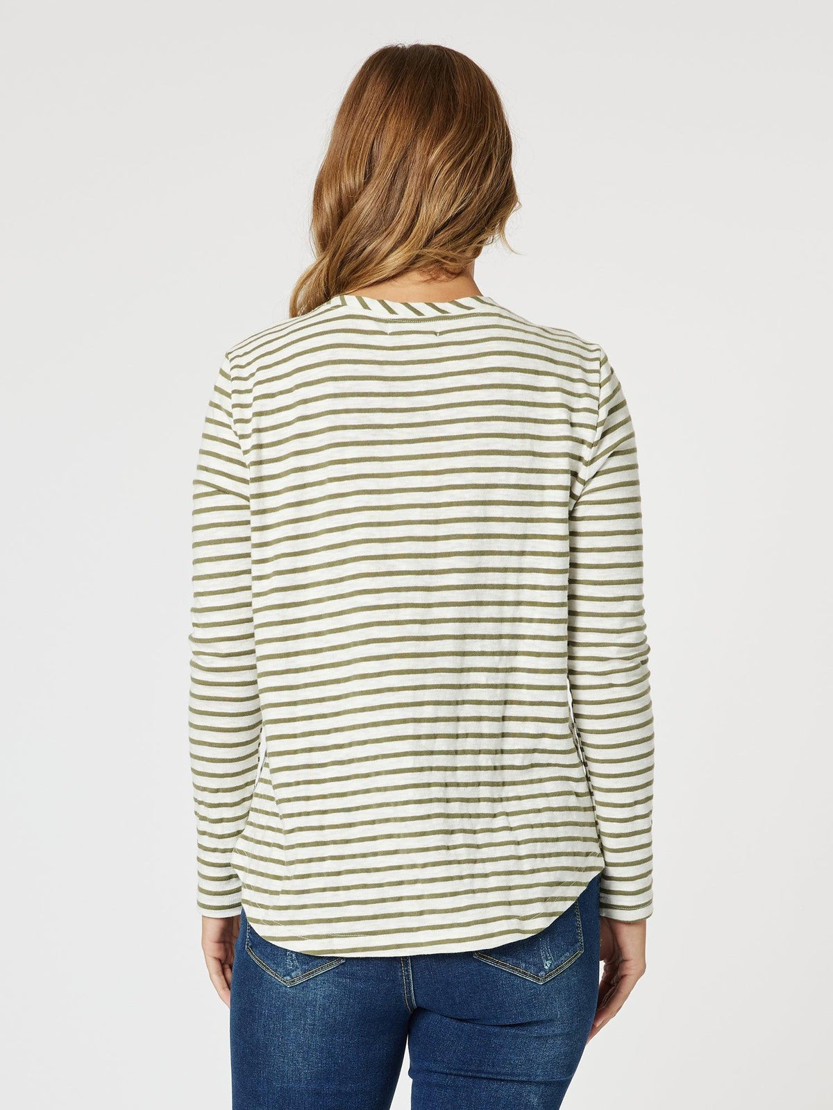 Threadz Riviera Stripe Print Long Sleeve Tee (Khaki/White)