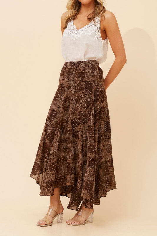 EUGENIA PATCHWORK PRINT MIDI SKIRT (Chocolate)