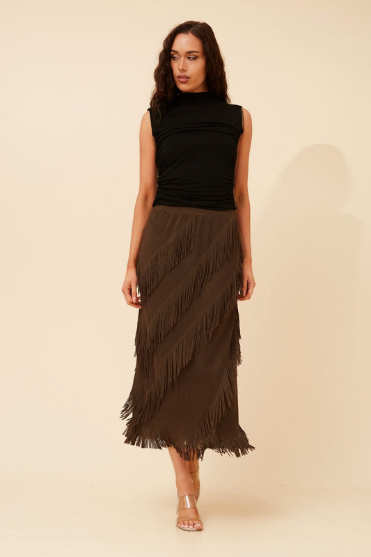 INDA FRINGE MIDI SKIRT (Chocolate)