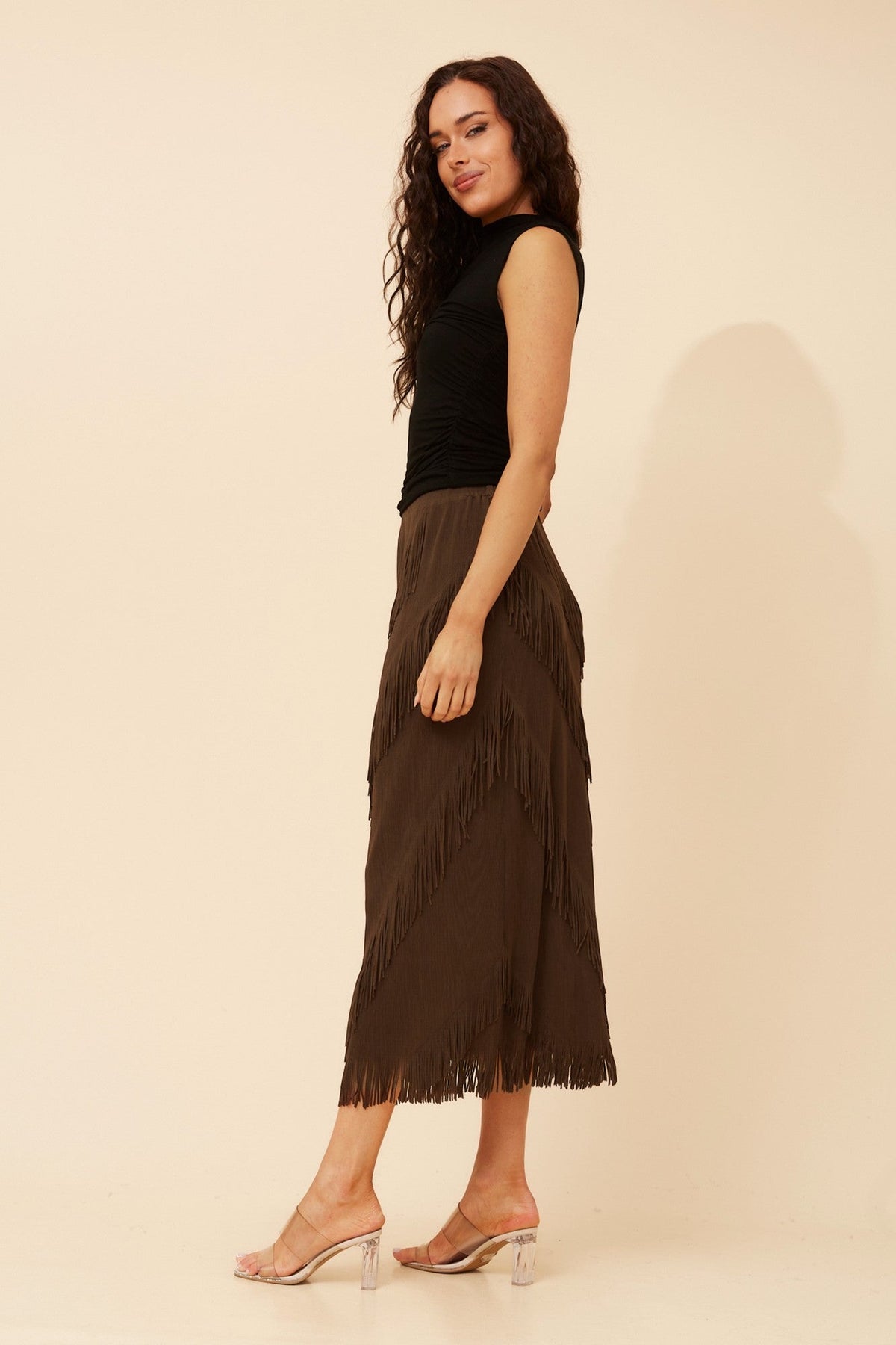 INDA FRINGE MIDI SKIRT (Chocolate)