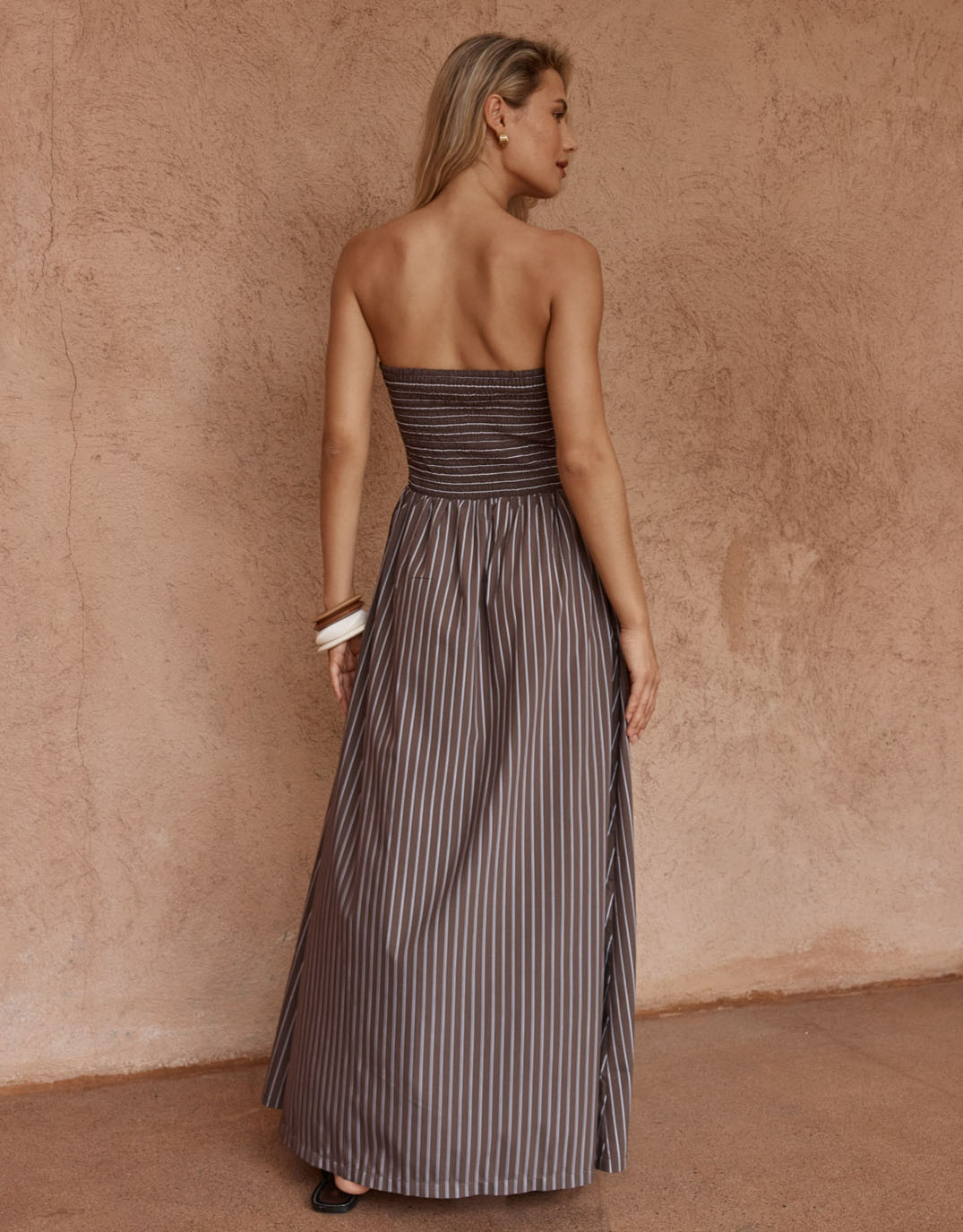 Sass Clothing Everley Strapless Dress Choc Stripe (Chocolate Stripe)