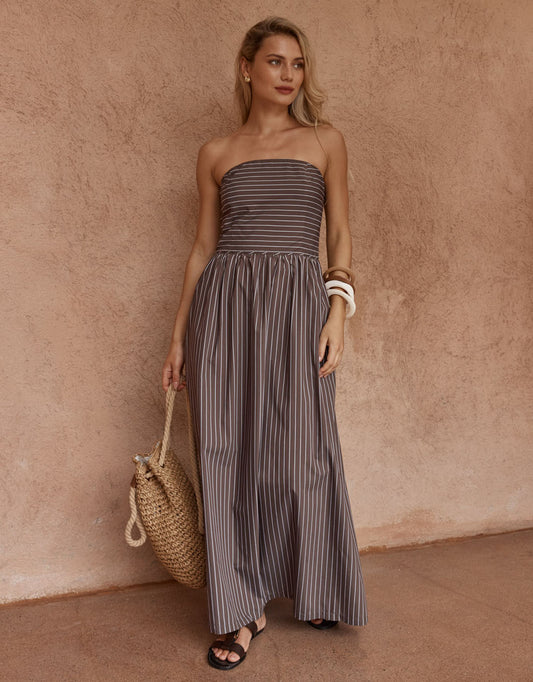 Sass Clothing Everley Strapless Dress Choc Stripe (Chocolate Stripe)