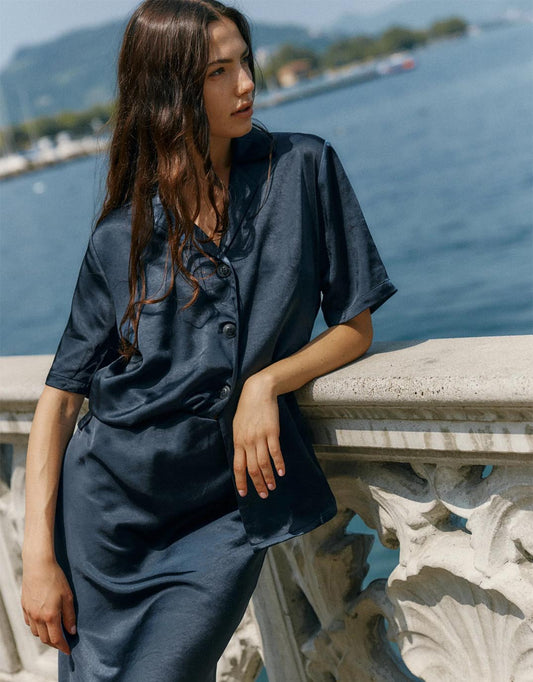 Sass Clothing Jasper Satin Shirt (Navy)