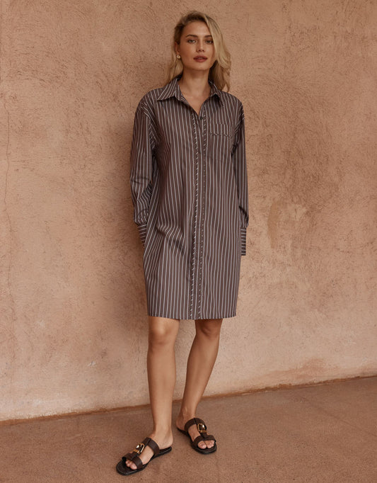 Sass Clothing Mel Stripe Shirt Dress (Choc Stripe)