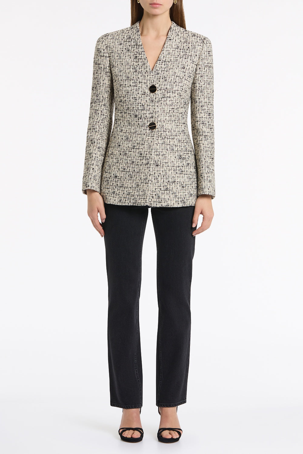 Carla Zampatti Shimmer Fleck Tweed V-Neck Jacket (Grey)