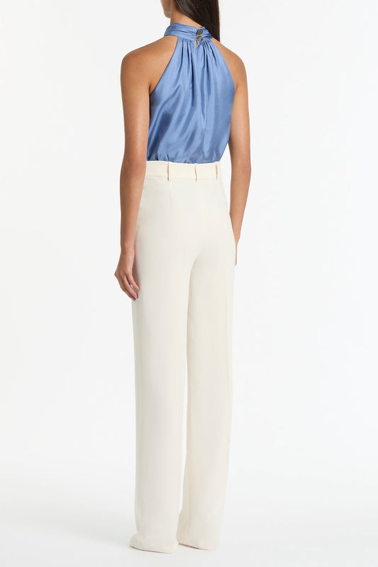 Carla Zampatti Steel Silk Twill Ruffle Halter Top (Blue)