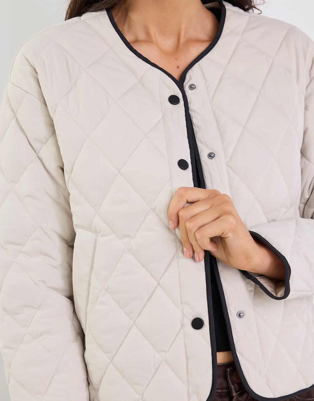 Stories Be Told Apex Collarless Quilted Contrast Piping Puffer Jacket (Bone)