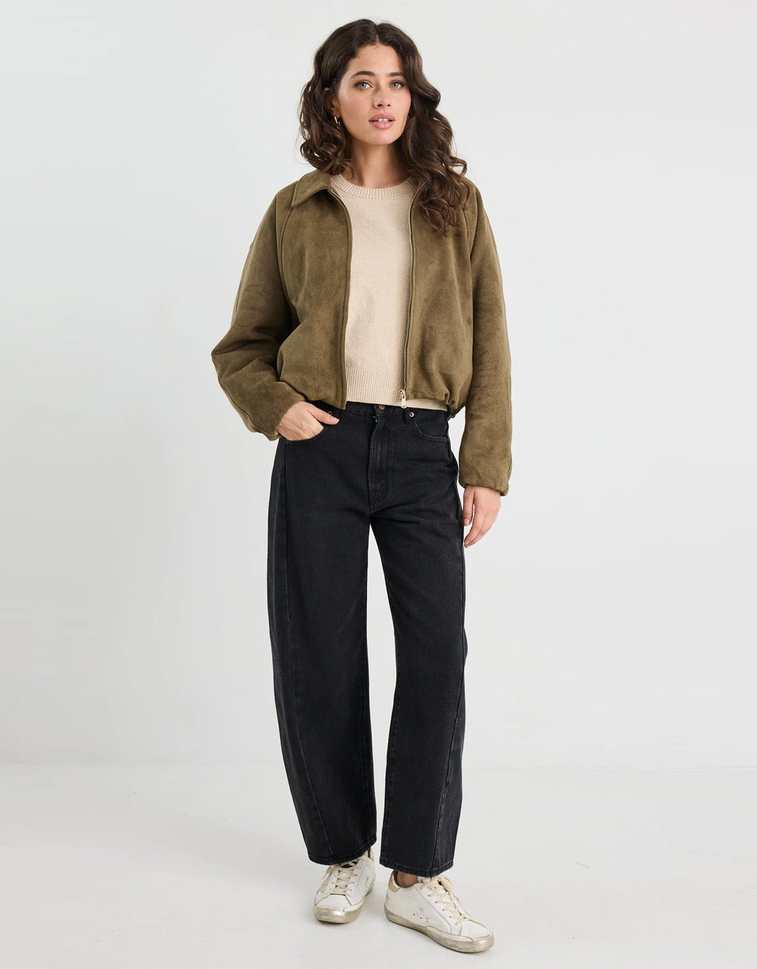 Stories Be Told Troupe Faux Suede Zip Through Bubble Hem Bomber Jacket (Khaki)
