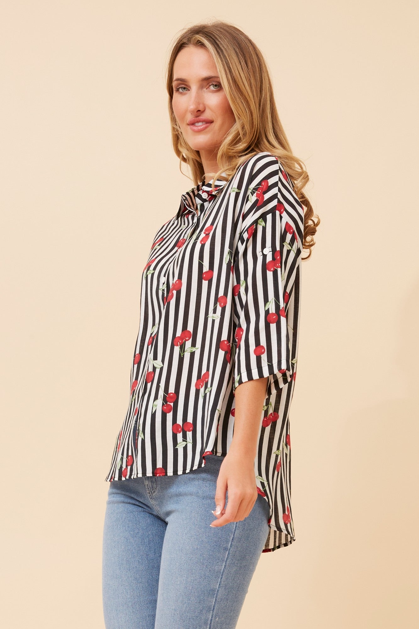 LAKEISHA CHERRY PRINT TOP (Black And White)