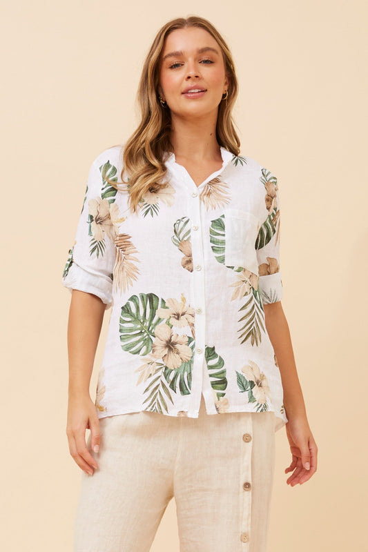 ROSALVA TROPICAL PRINT LINEN SHIRT (White)