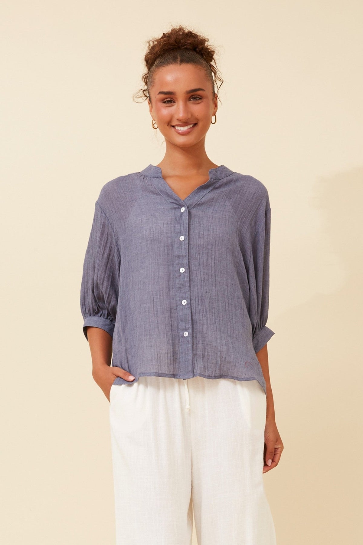 Image of Shirts. Product name - BELINA SOLID SHIRT in Blue Jean colour by brand - Caroline Morgan Australia