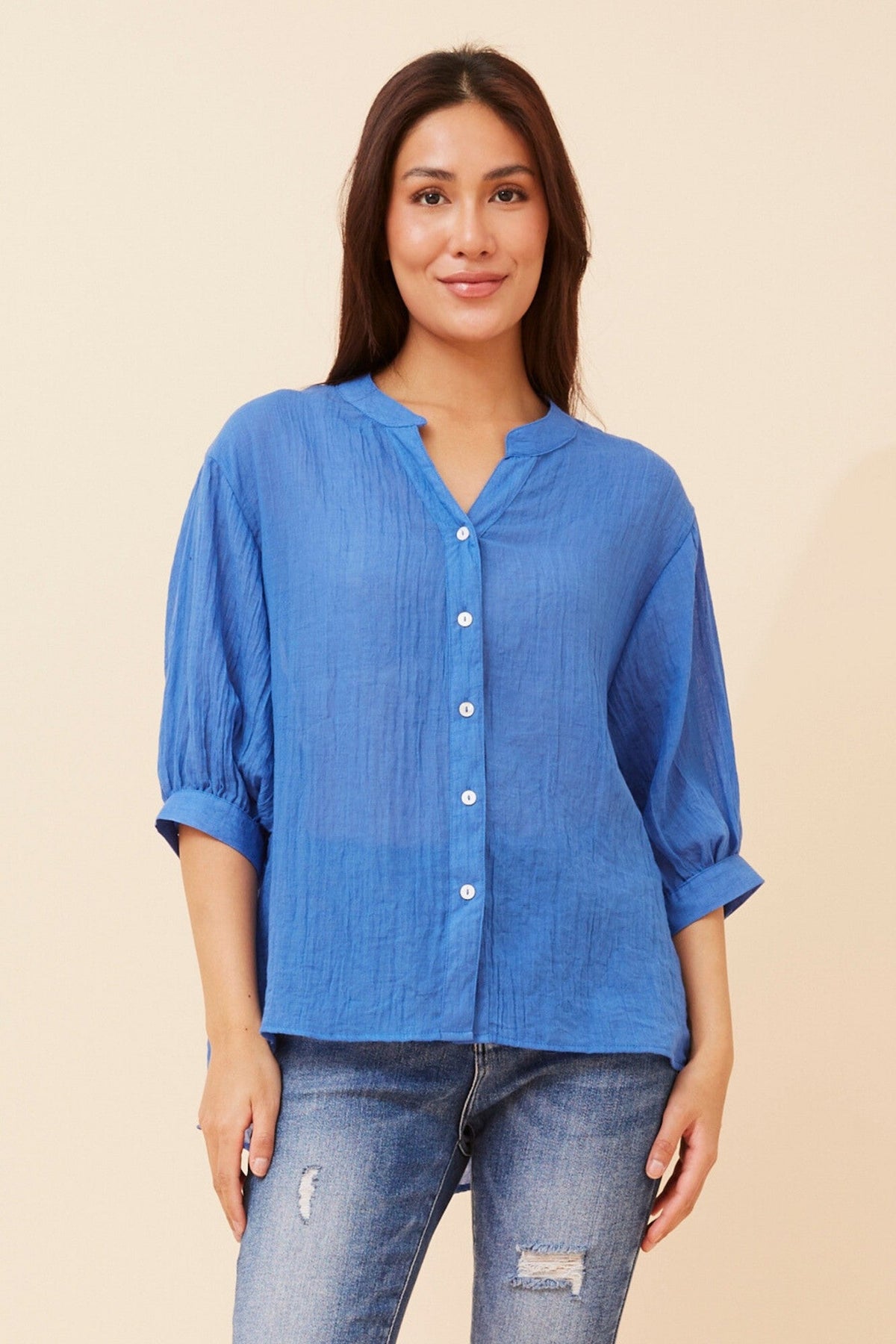 Image of Shirts. Product name - BELINA SOLID SHIRT in Classic Blue colour by brand - Caroline Morgan Australia