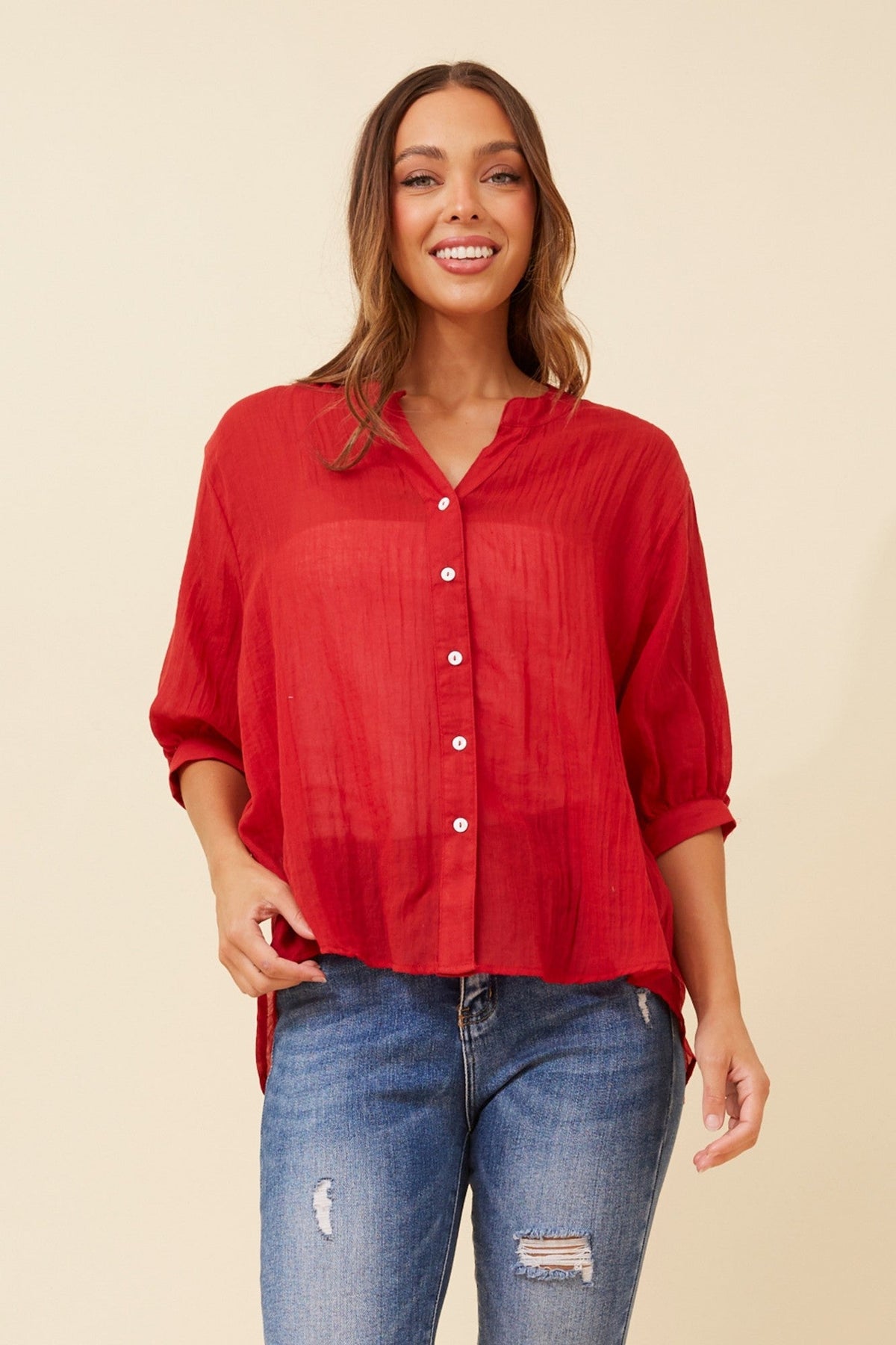 Image of Shirts. Product name - BELINA SOLID SHIRT in Rich Red colour by brand - Caroline Morgan Australia