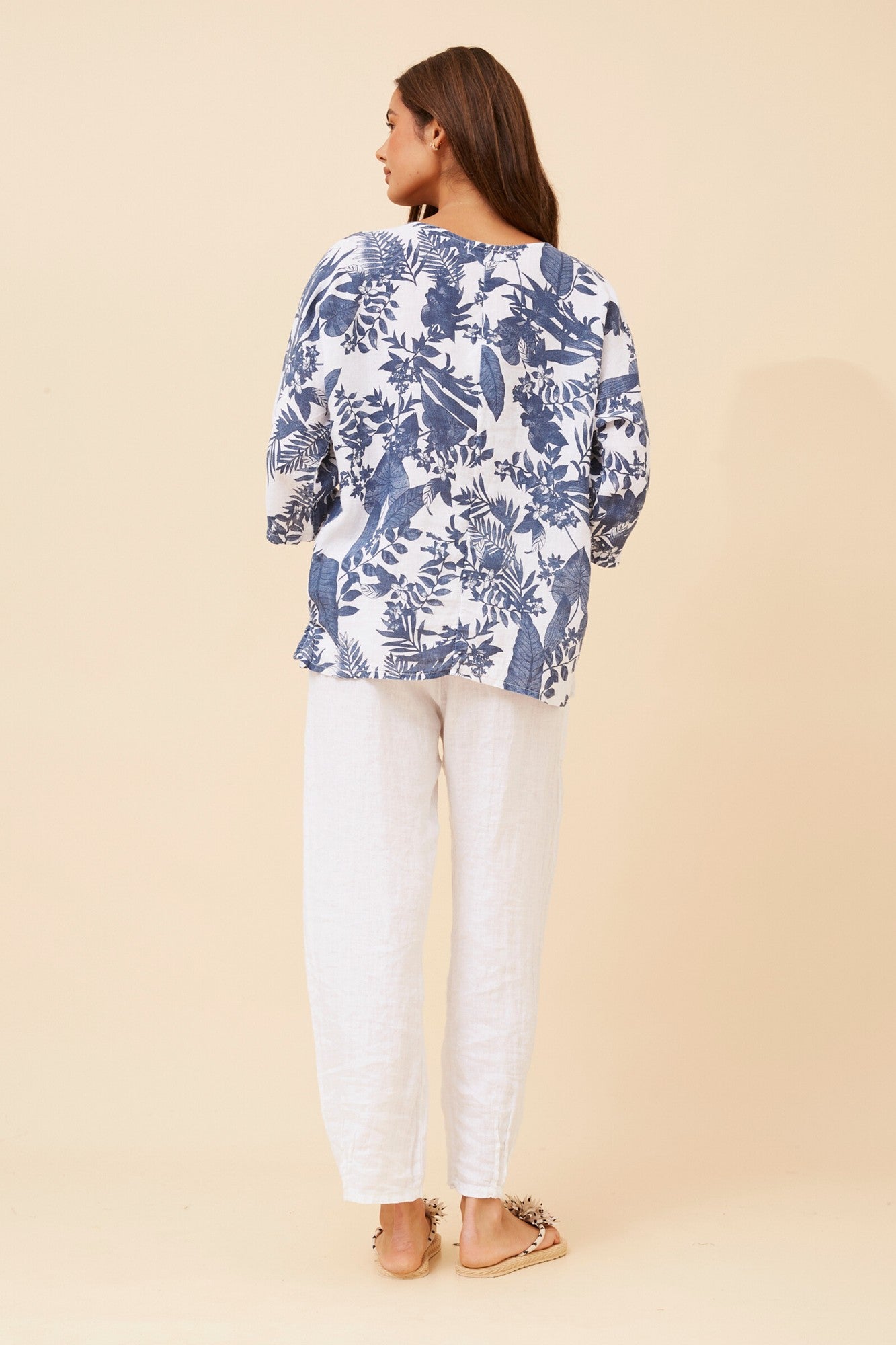 GIRALDA LEAF PRINT LINEN TOP (Multi White)