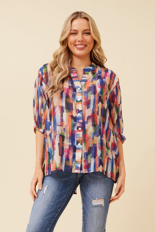 BELINA ABSTRACT PRINT SHIRT (Multi Blue)