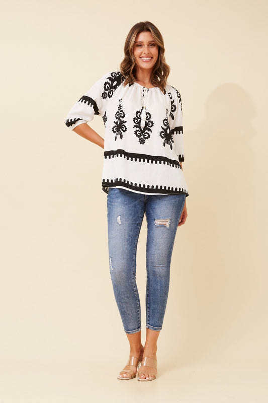 ANDREA BORDER PRINT TOP (Black)