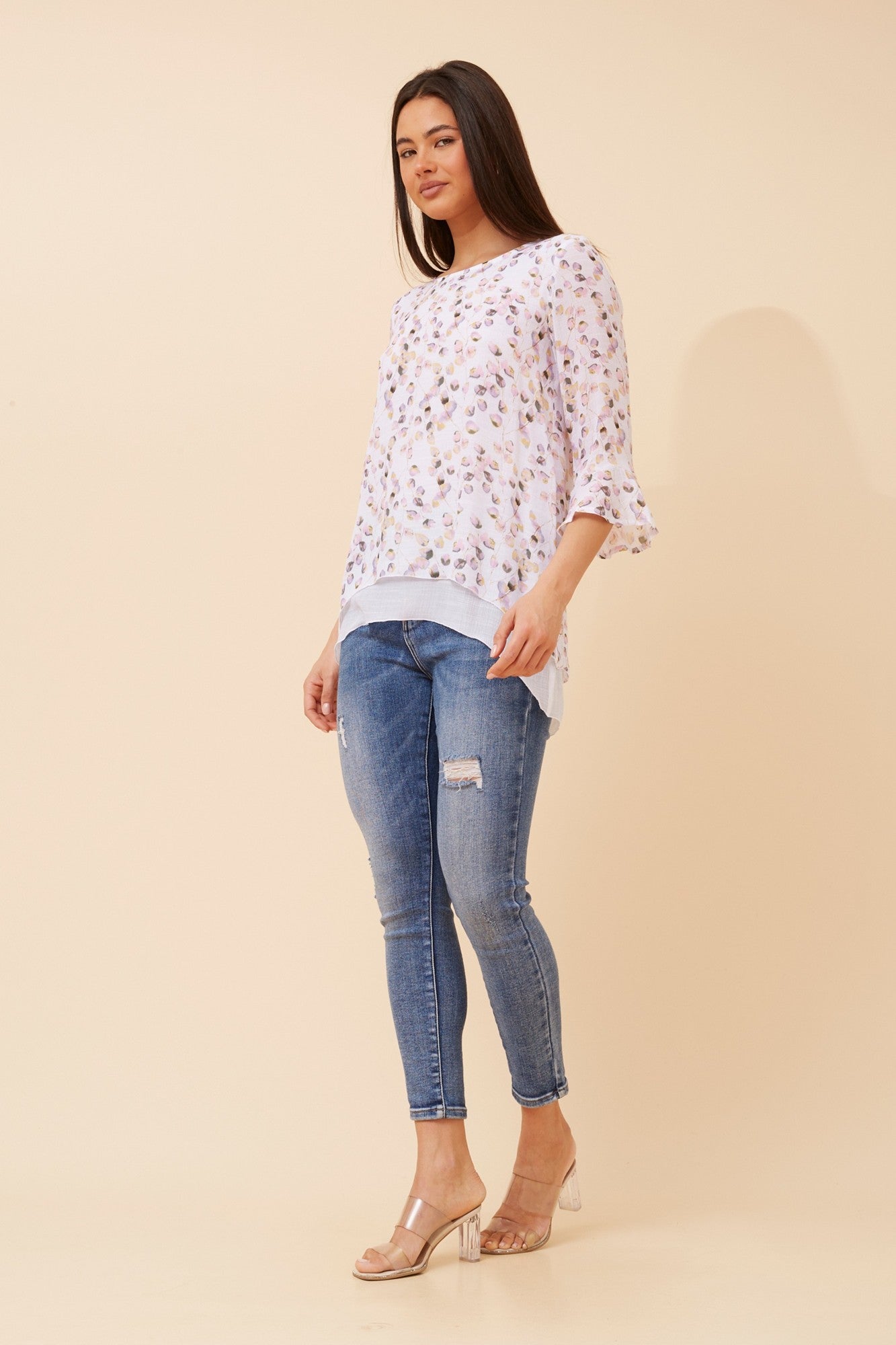 RUMI LEAF PRINT DOUBLE LAYER TOP (Pink)