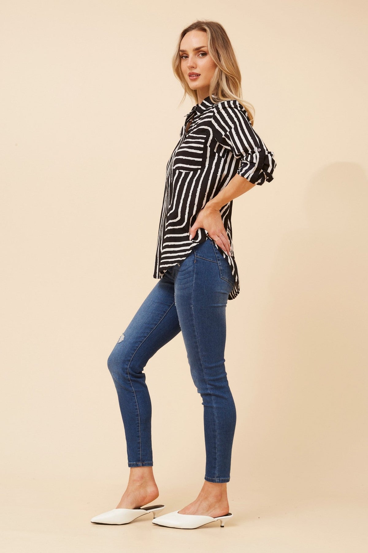 MARGARET STRIPE PRINT TOP (Black)