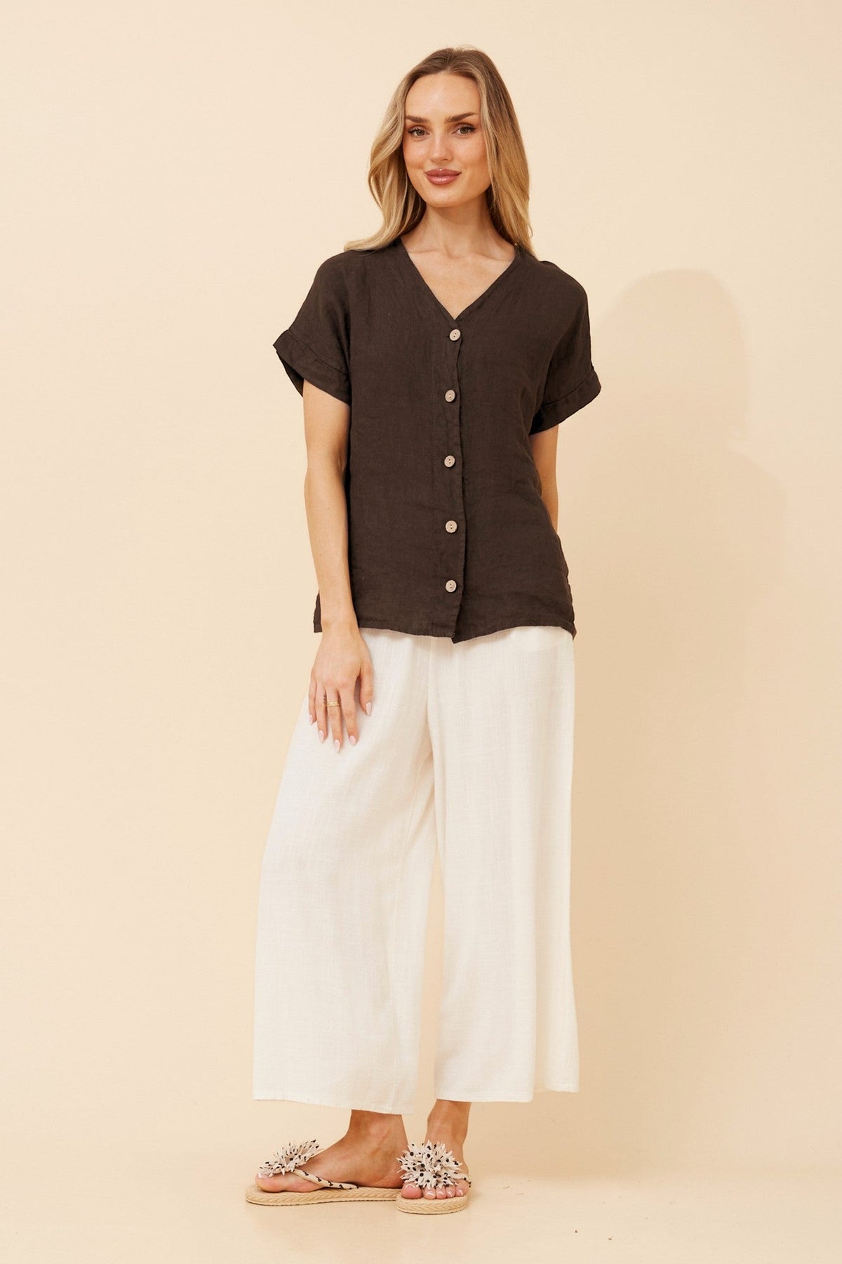 Image of a model wearing Tops. Product name - SIMONETTA SOLID TOP in Bitter Chocolate colour by brand - BOTTEGA MODA