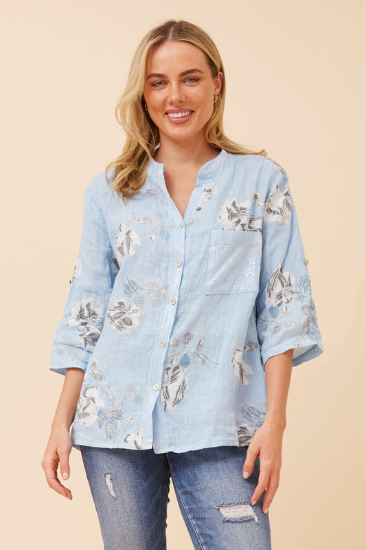 ROSEANNE FLORAL LINEN SHIRT (Light Blue)
