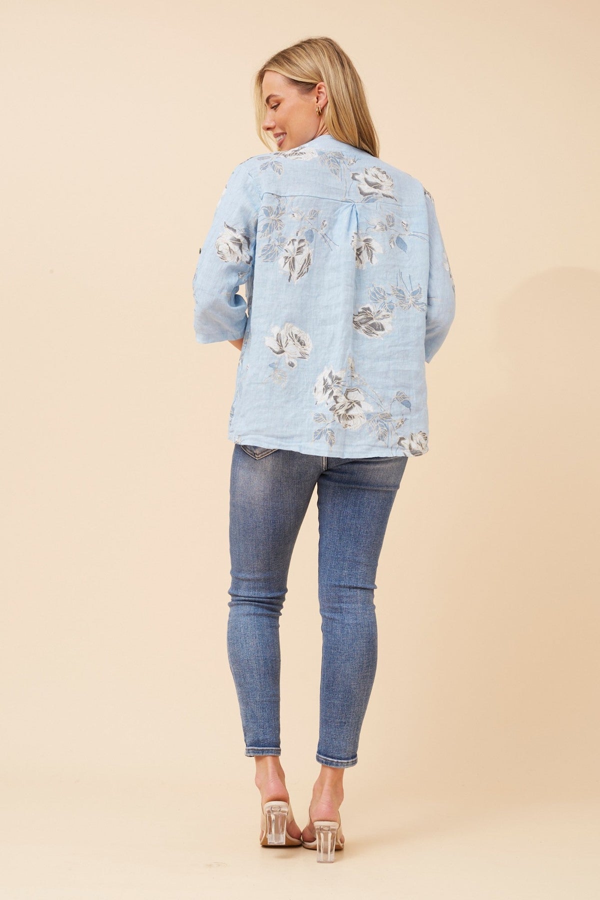 ROSEANNE FLORAL LINEN SHIRT (Light Blue)