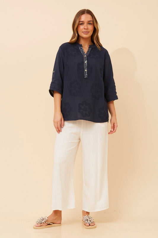 BOTTEGA MODA ROSETTI FLORAL EMBROIDERED TOP (Navy)