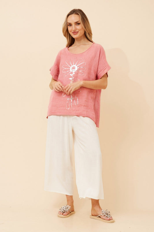 BOTTEGA MODA PALIMA FOIL PRINT LINEN TOP (Rosewood)
