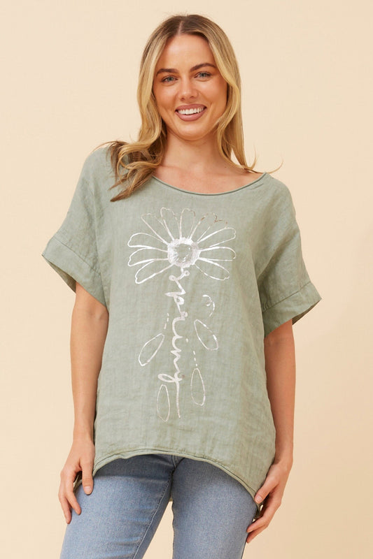BOTTEGA MODA PALIMA FOIL PRINT LINEN TOP (Sage)