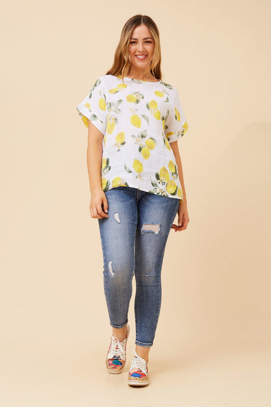 SIGRID LEMON PRINT LINEN TOP (Pink)