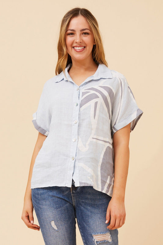 LOREDANA ABSTRACT PRINT LINEN SHIRT (Light Blue)