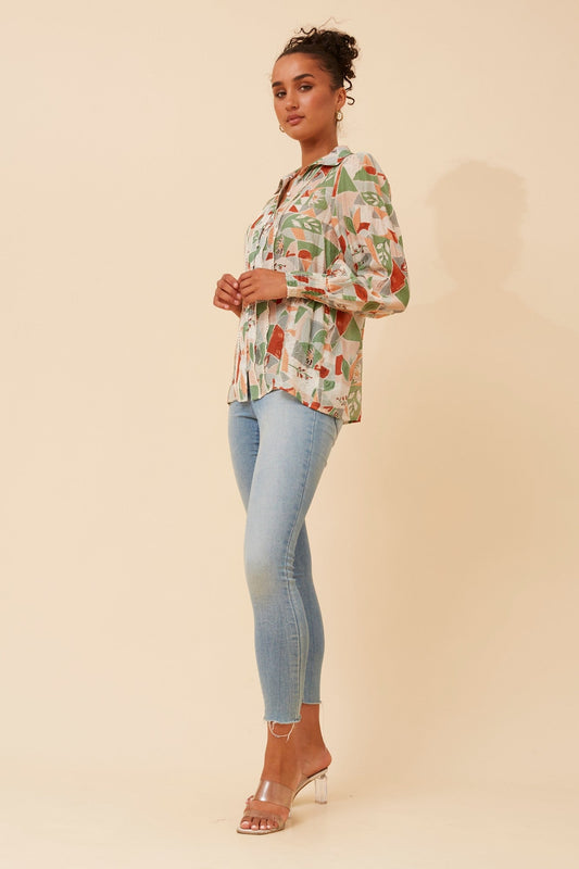 ELKE ABSTRACT PRINT BLOUSE (Sage)