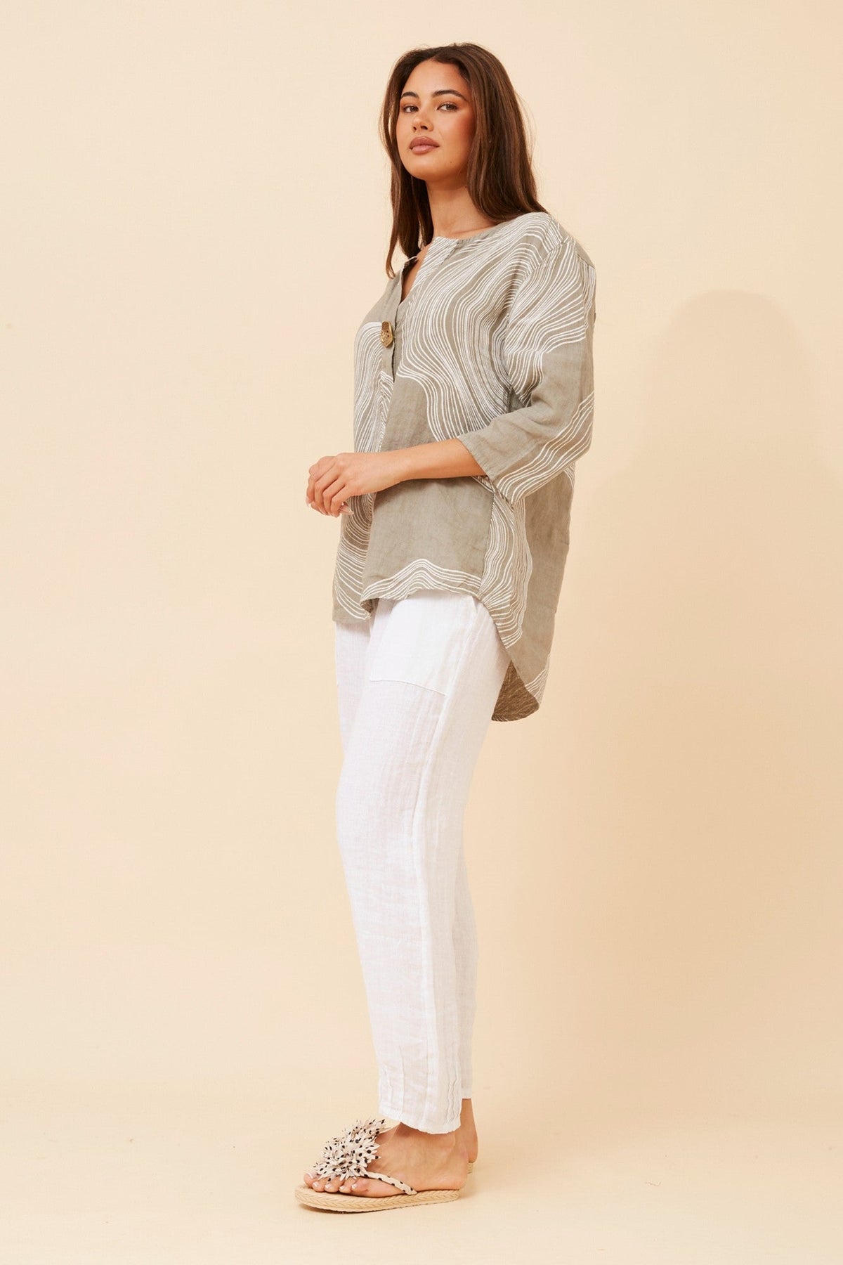 PALERMO ABSTRACT PRINT LINEN TOP (Fango)