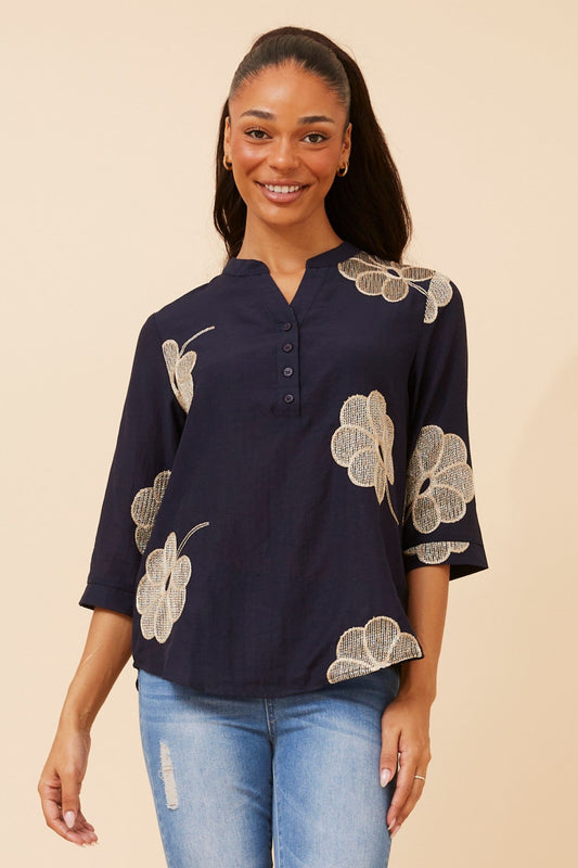 NORNAH LINEN BLEND EMBROIDERED BLOUSE (Navy)