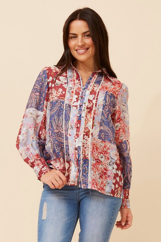 ELKE PATCHWORK PRINT SHIRT (Multi Red)