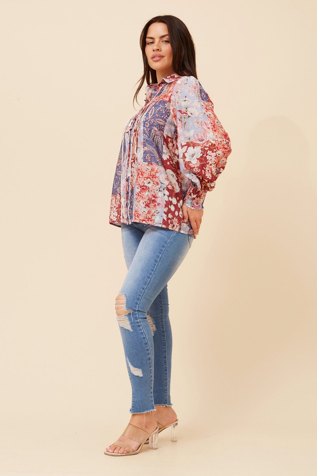 ELKE PATCHWORK PRINT SHIRT (Multi Red)