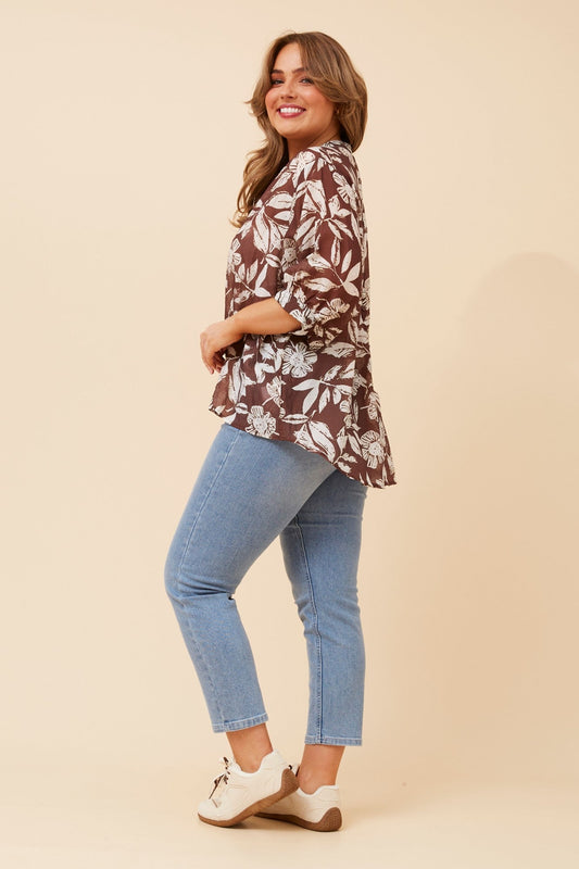 BELINA LEAF PRINT SHIRT (Chocolate)