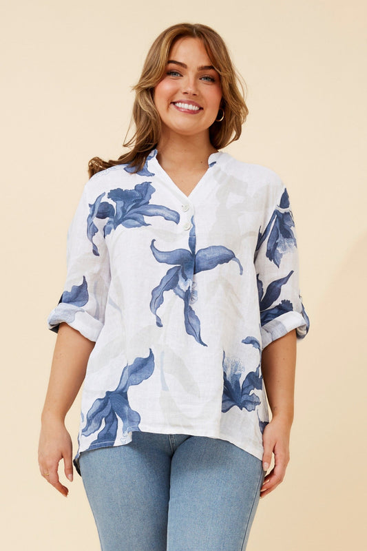 BOTTEGA MODA IVALDA LEAF PRINT LINEN TOP (White)