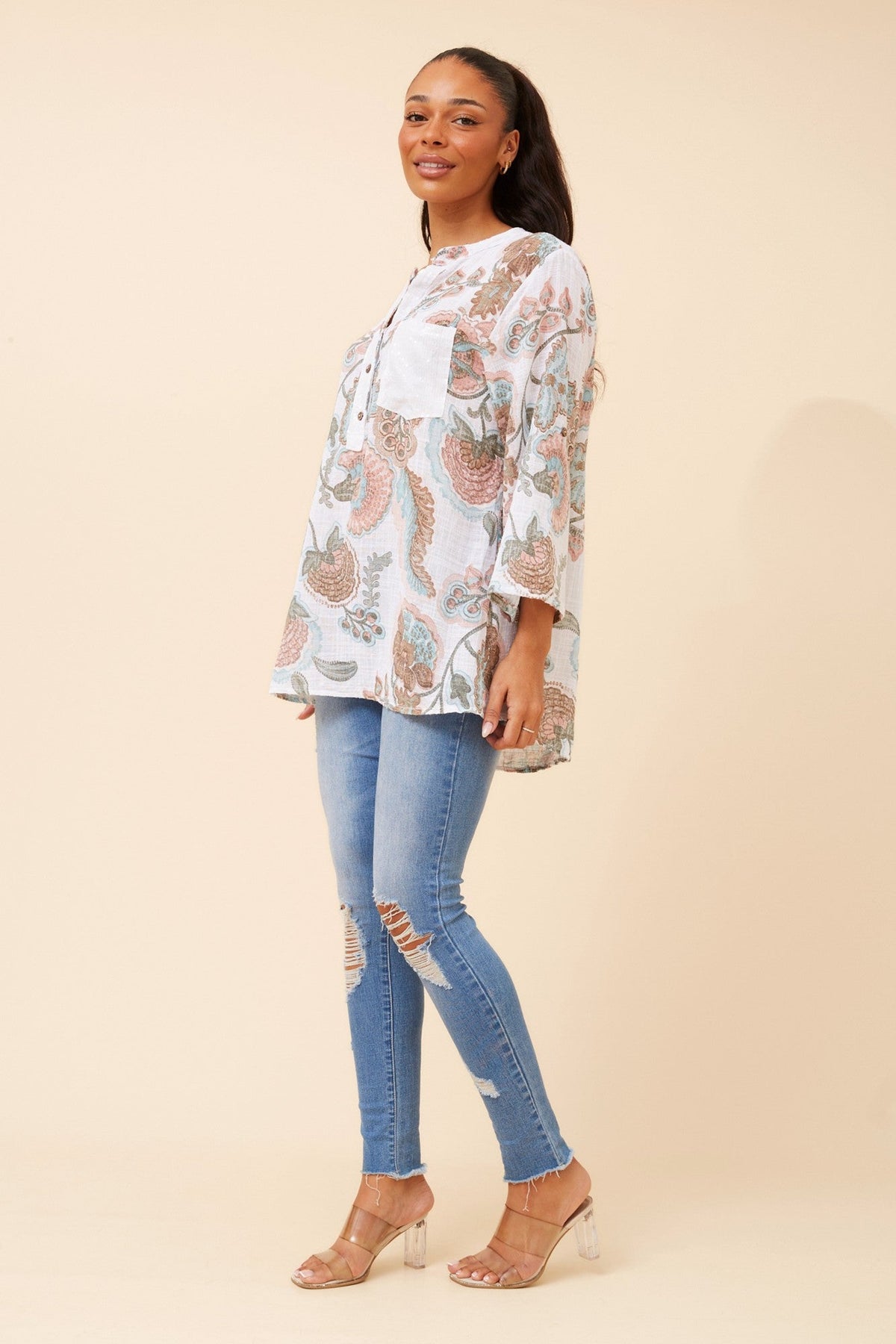 ROSETTA ABSTRACT PRINT LINEN TOP (Multi White)