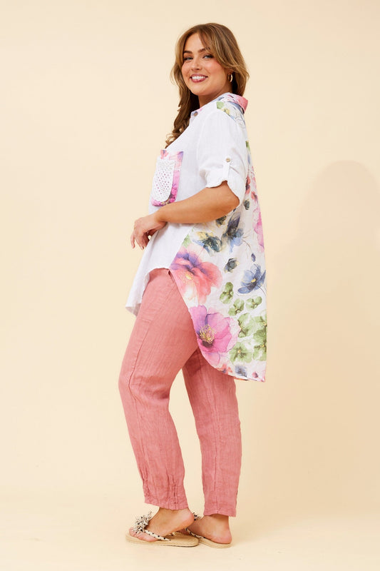 BOTTEGA MODA LISABETTA FLORAL LINEN SHIRT (White)