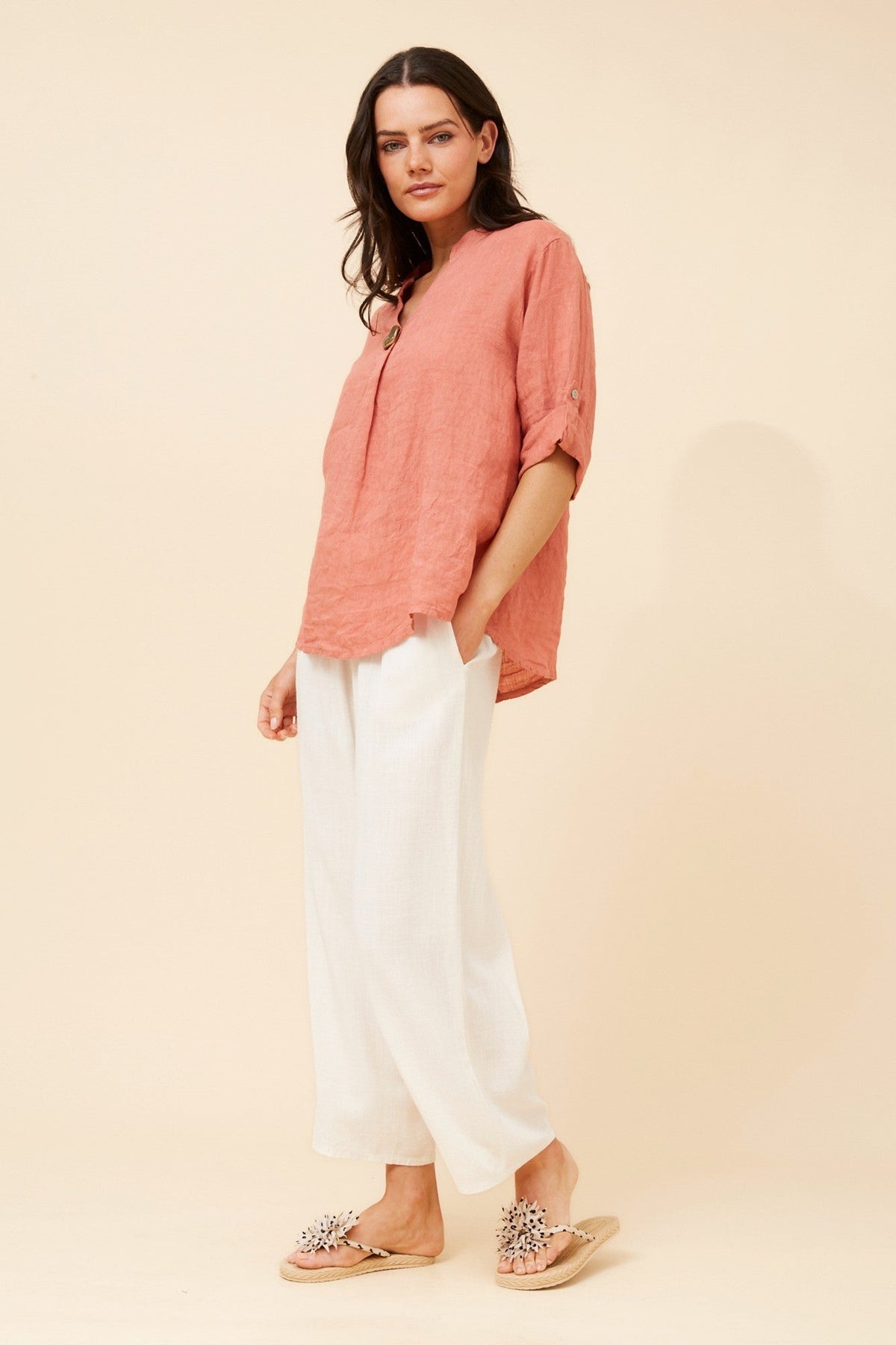 BOTTEGA MODA GREGORIA SOLID LINEN TOP (Rosewood)